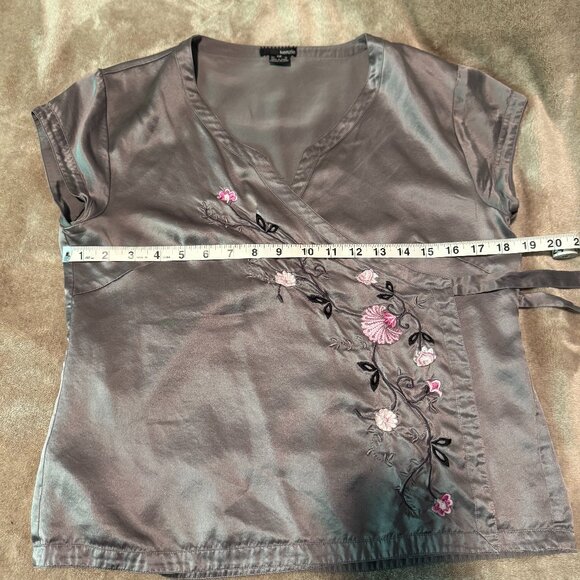 Kensie Silk Blouse Top SIlver Size 12 L - Picture 9 of 11